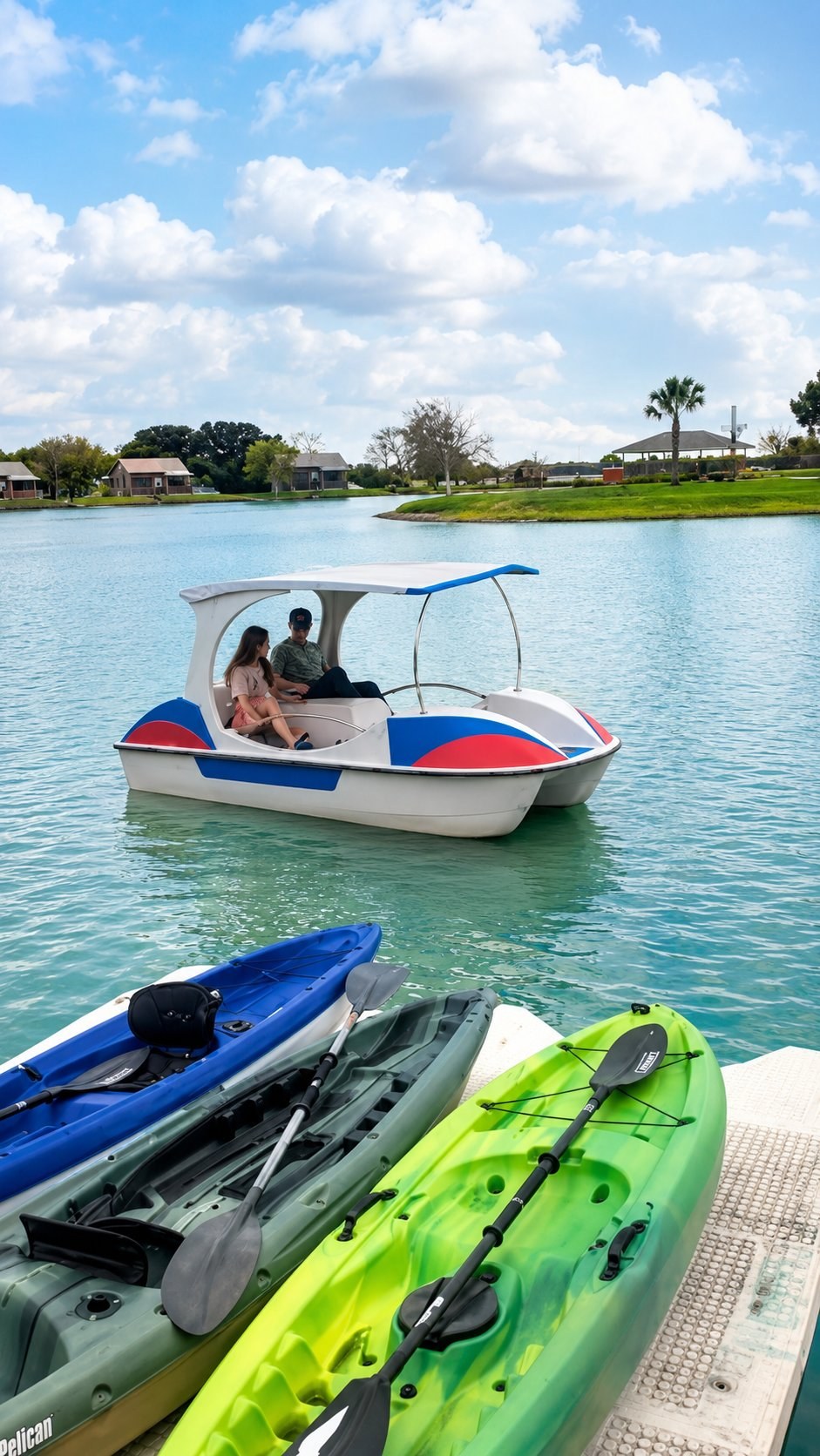 Couple on a pedal boat with kayaks at the dock
