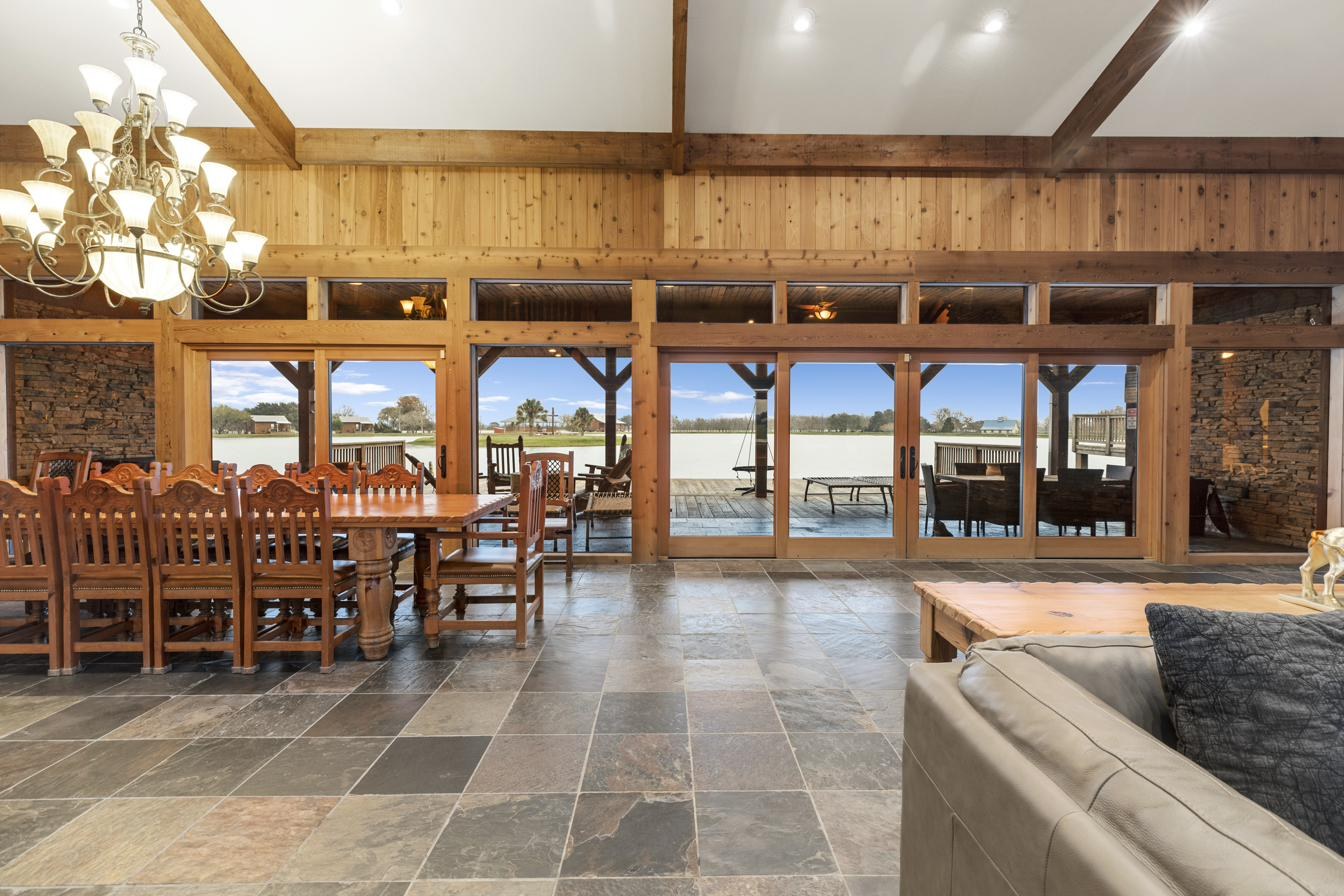 Open dining hall with lake views
