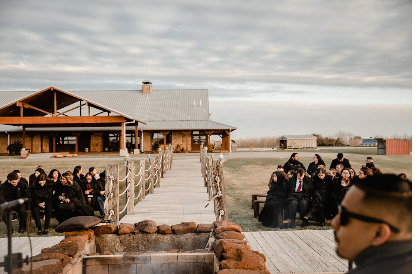 Wedding party celebrating at the ranch
